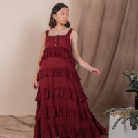 women rayon ruffles midi volume dress, blood red | whispers & anarchy