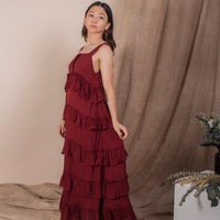 women rayon ruffles midi volume dress, blood red | whispers & anarchy