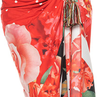 Red Large Print Floral Tassels Pareo