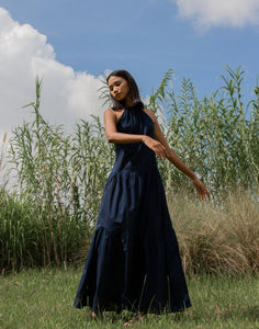 women cotton halter neck maxi dress, navy | whispers & anarchy