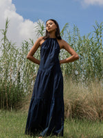 women cotton halter neck maxi dress, navy | whispers & anarchy
