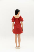 Elasticated neckline and puff sleeve dress - Crimson
